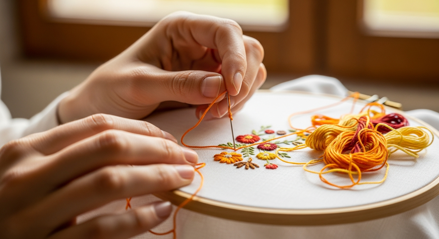 Руки за вышивкой на деревянном пяльце