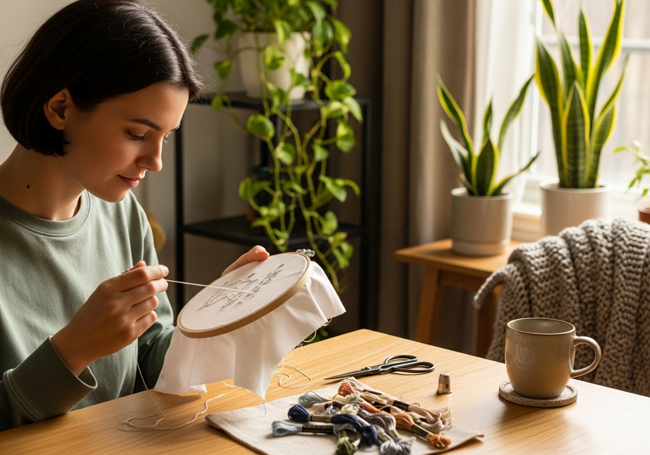 Человек за вышиванием у окна