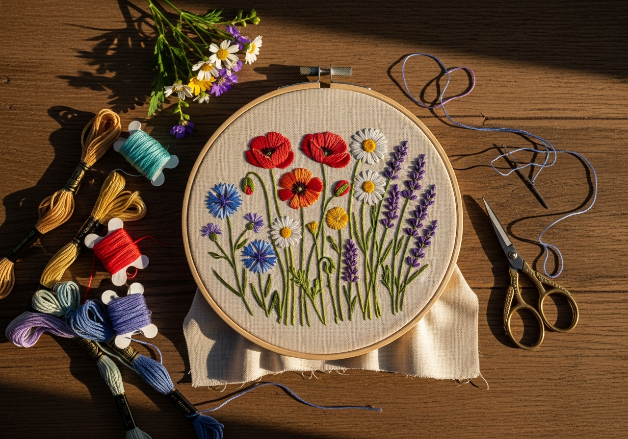 Вышивка с цветочным мотивом в пяльцах
